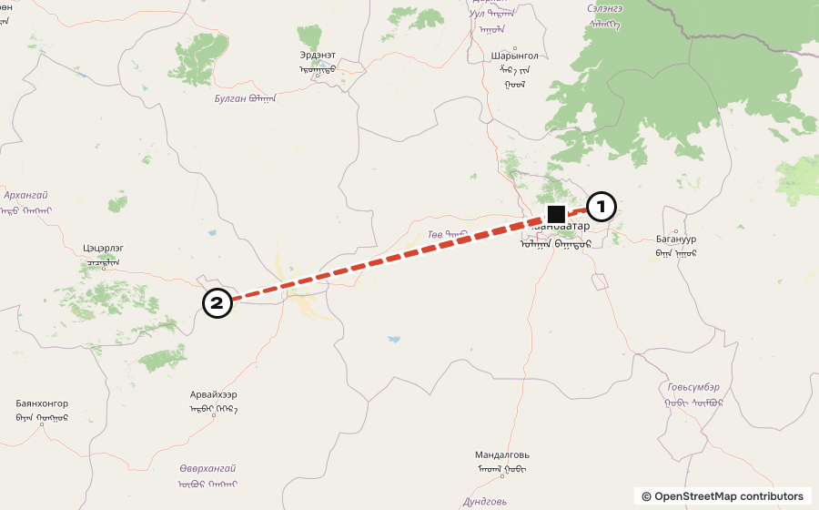 Route map: Ulaanbaatar → Terelj → Kharkhorin · Erdene Zuu → Ulaanbaatar